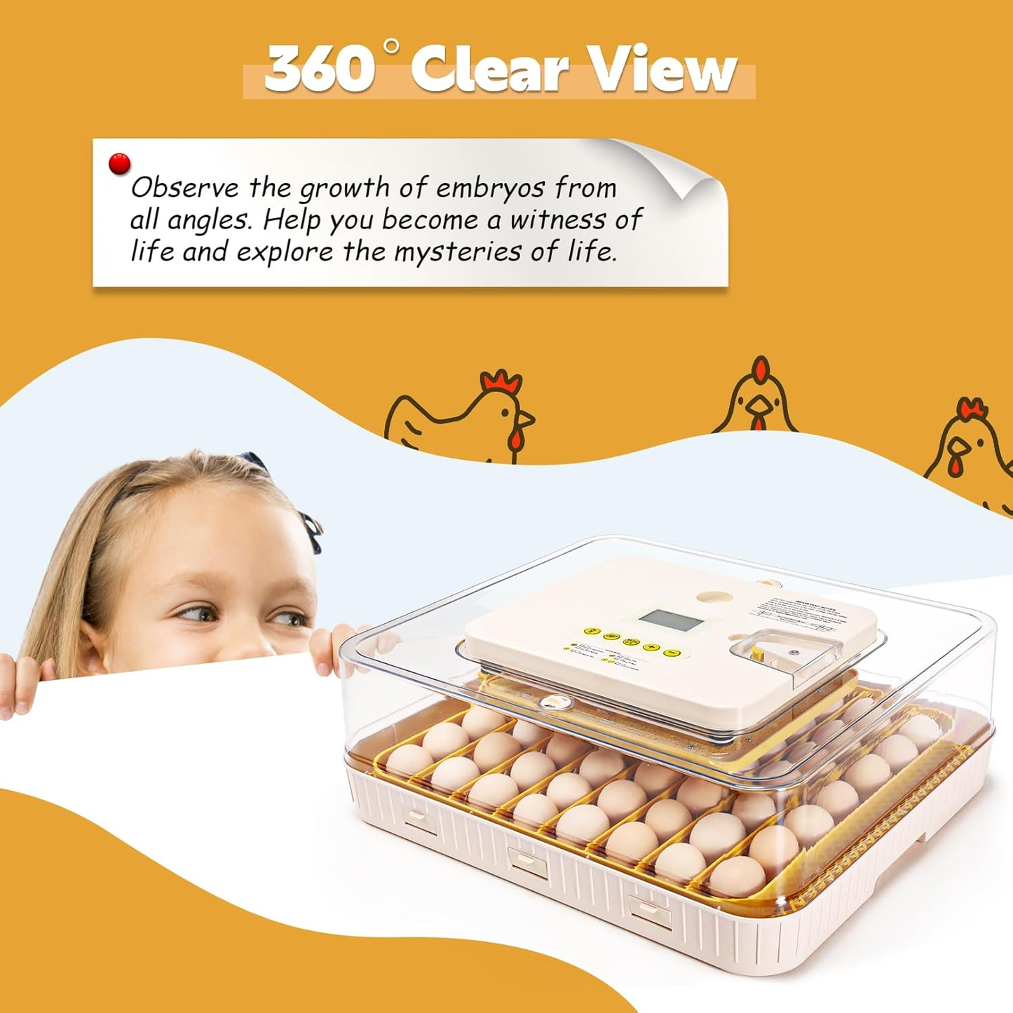 KRISRATE 56 Egg Incubator with Automatic Turning & Auto Humidification - Temperature Control, Egg Candler & 360° View for Chicken/Duck/Quail Hatching