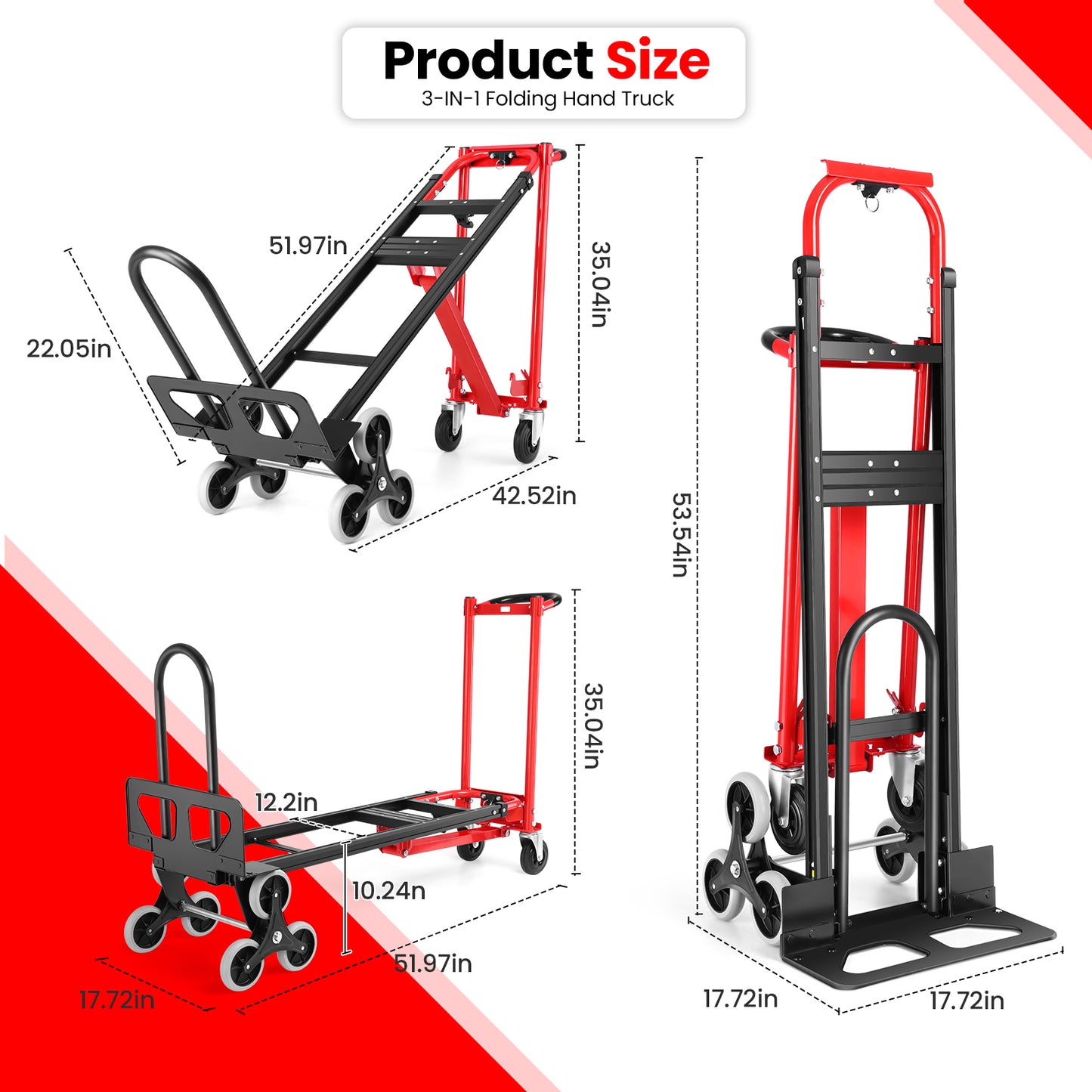 KRISRATE Heavy Duty 4-in-1 Convertible Hand Truck Dolly - 1000 LBS Stair Climbing Platform Cart, Foldable Industrial Utility Trolley for  Transport