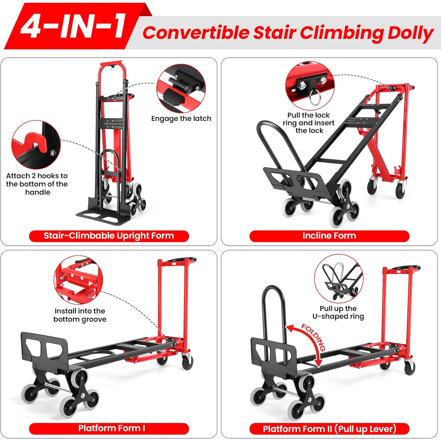 KRISRATE Heavy Duty 4-in-1 Convertible Hand Truck Dolly - 1000 LBS Stair Climbing Platform Cart, Foldable Industrial Utility Trolley for  Transport