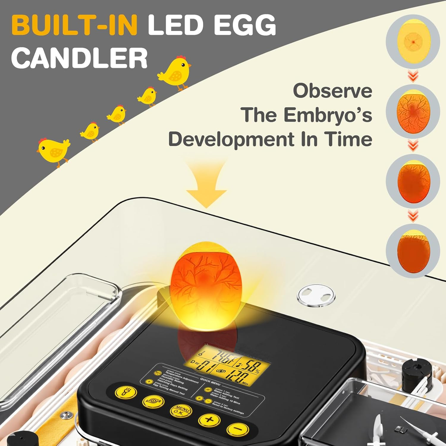 KRISRATE 48 Egg Incubator with Auto Turning & Digital Temp/Humidity Control - 360° Clear View Hatcher with LED Egg Candler for Chicken & Duck Eggs