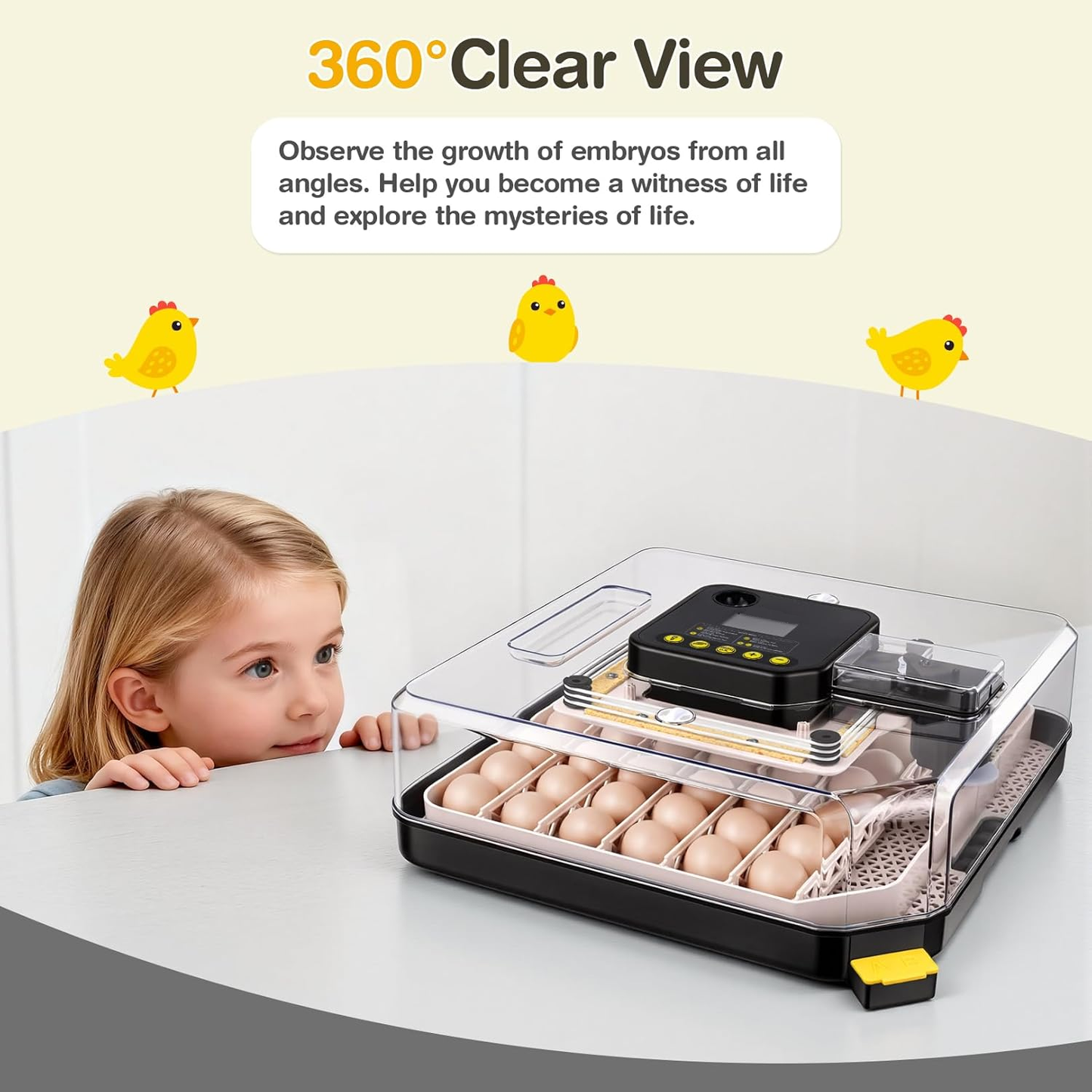 KRISRATE 48 Egg Incubator with Auto Turning & Digital Temp/Humidity Control - 360° Clear View Hatcher with LED Egg Candler for Chicken & Duck Eggs