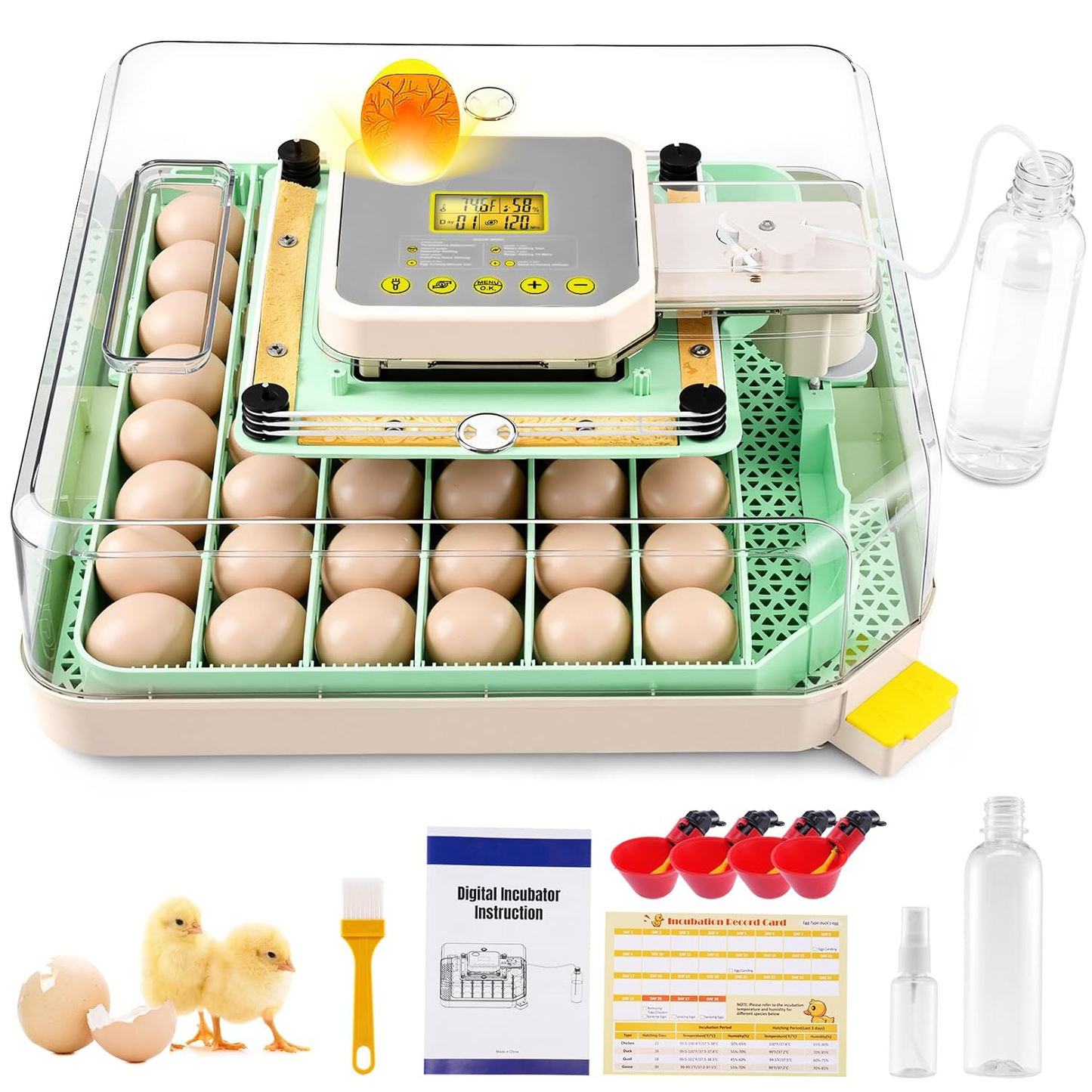 KRISRATE 48 Egg Incubator with Auto Turning & Digital Temp/Humidity Control - 360° Clear View Hatcher with LED Egg Candler for Chicken & Duck Eggs