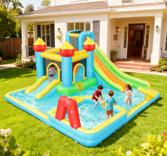 KRISRATE Inflatable Bounce House Water Slide with 550W Blower for Kids 3-12 with Dual Slides, Climbing Wall, Basketball Hoop, Deep Pool & Bounce Zone