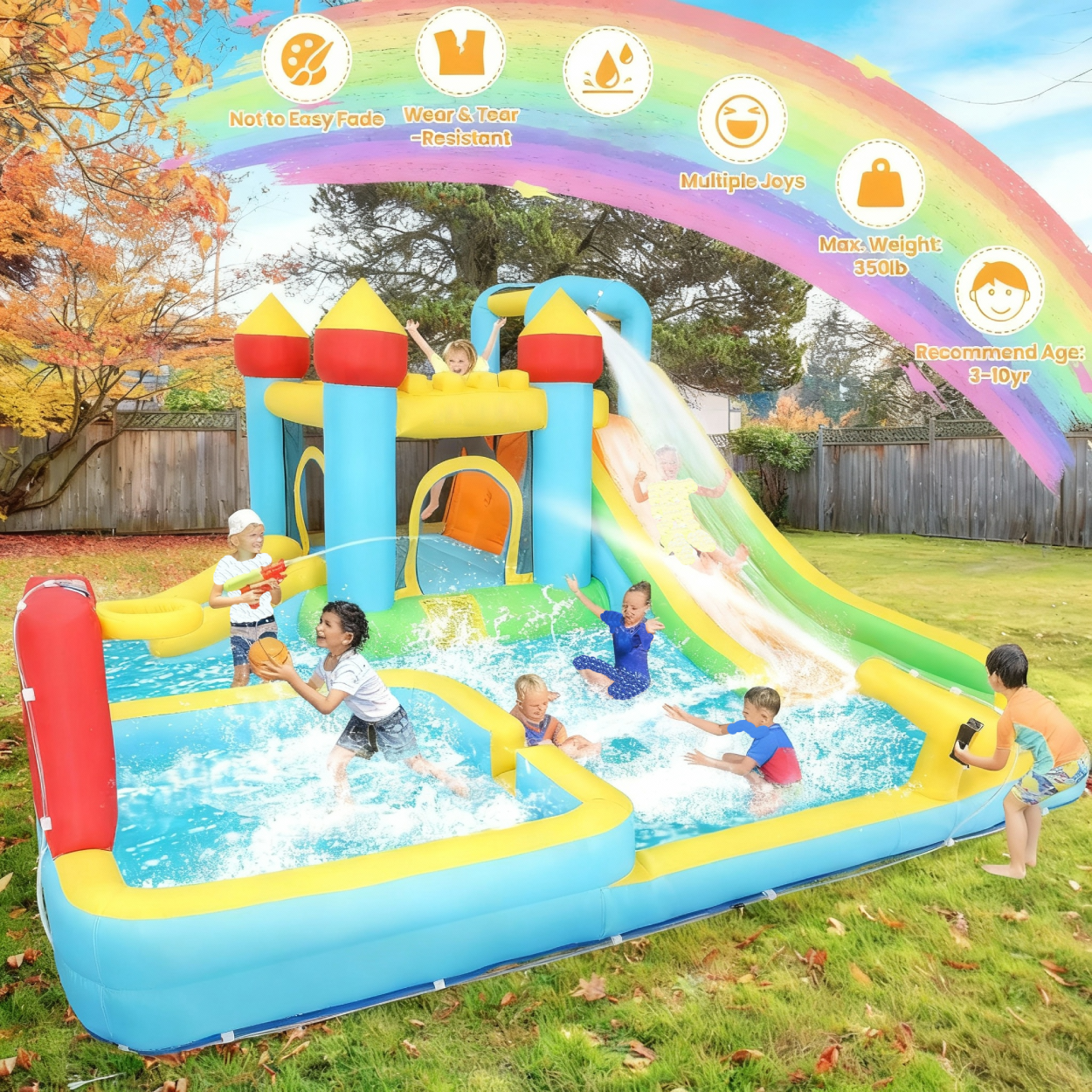 KRISRATE Inflatable Bounce House Water Slide with 550W Blower for Kids 3-12 with Dual Slides, Climbing Wall, Basketball Hoop, Deep Pool & Bounce Zone
