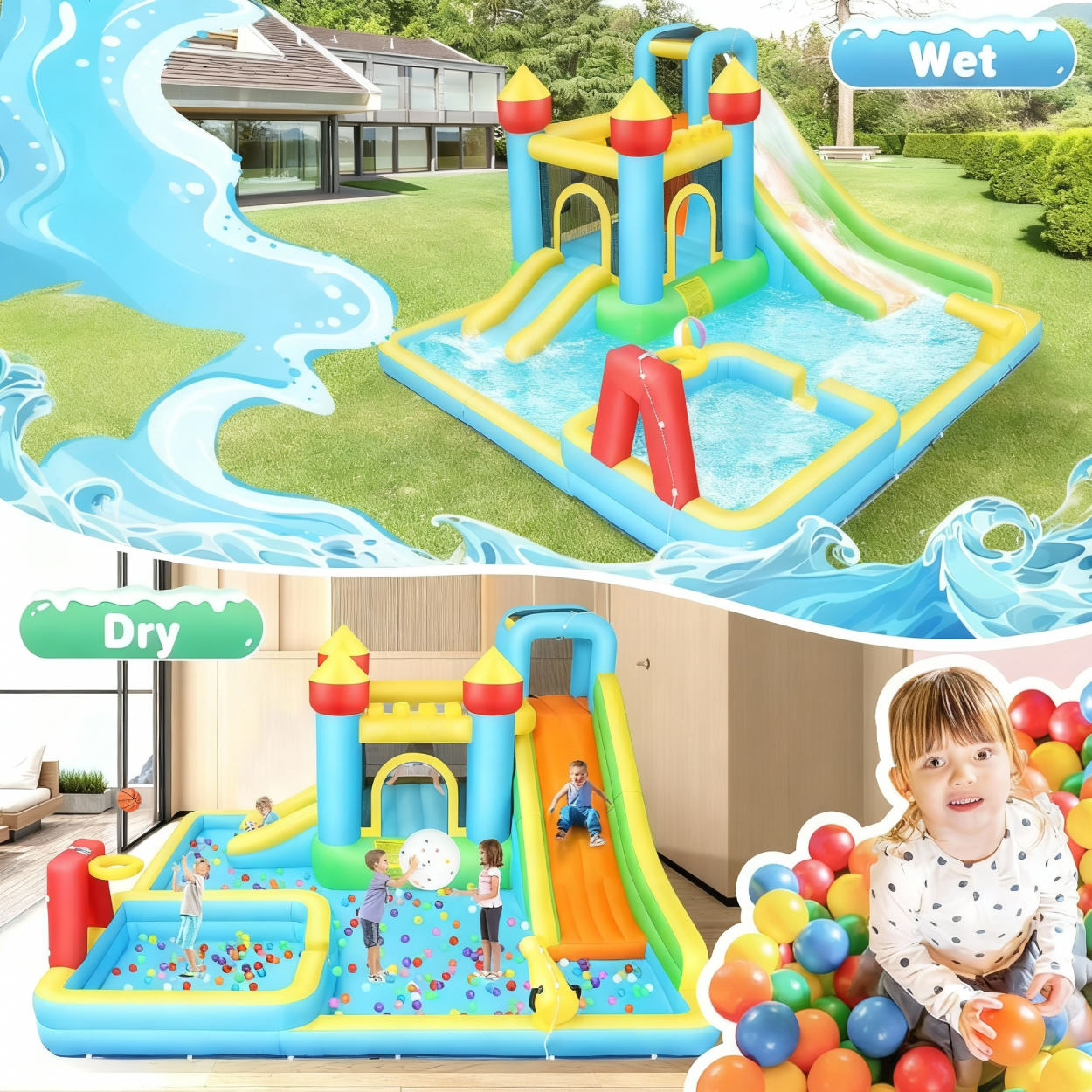 KRISRATE Inflatable Bounce House Water Slide with 550W Blower for Kids 3-12 with Dual Slides, Climbing Wall, Basketball Hoop, Deep Pool & Bounce Zone