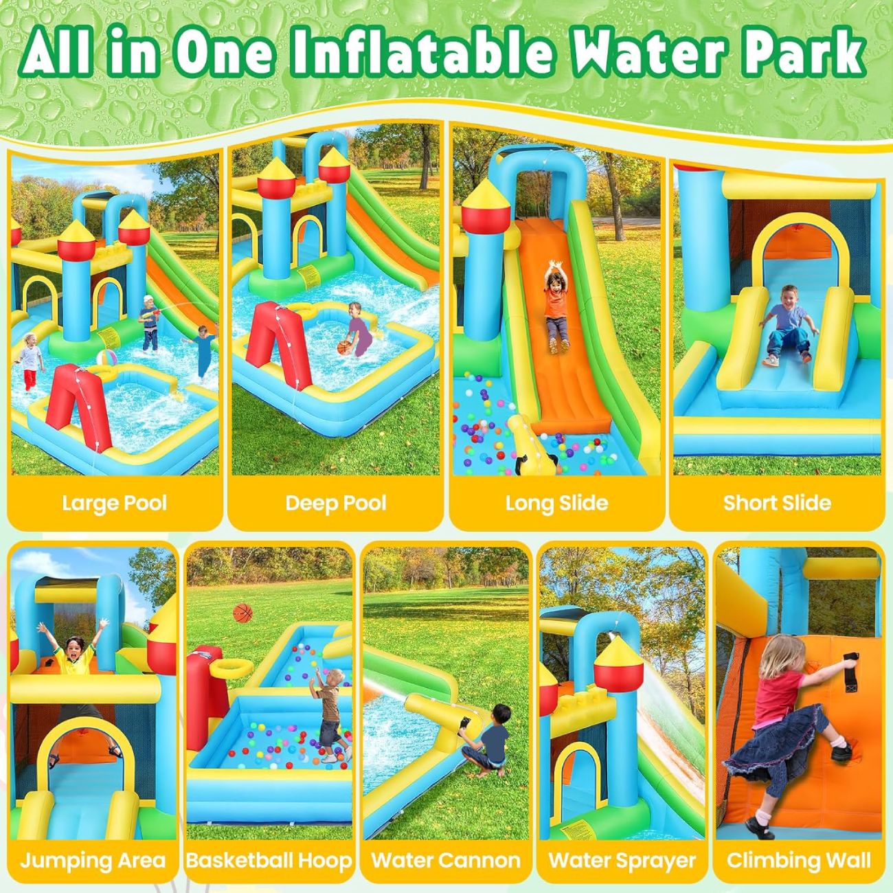 KRISRATE Inflatable Bounce House Water Slide with 550W Blower for Kids 3-12 with Dual Slides, Climbing Wall, Basketball Hoop, Deep Pool & Bounce Zone