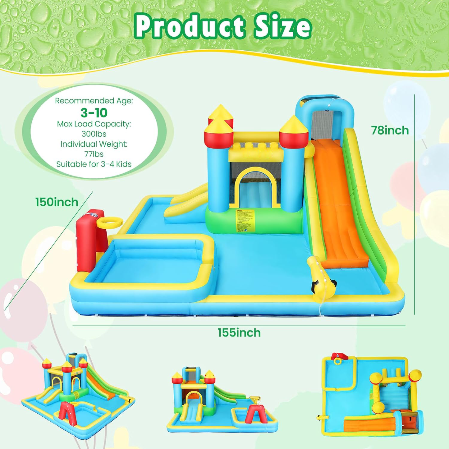 KRISRATE Inflatable Bounce House Water Slide with 550W Blower for Kids 3-12 with Dual Slides, Climbing Wall, Basketball Hoop, Deep Pool & Bounce Zone