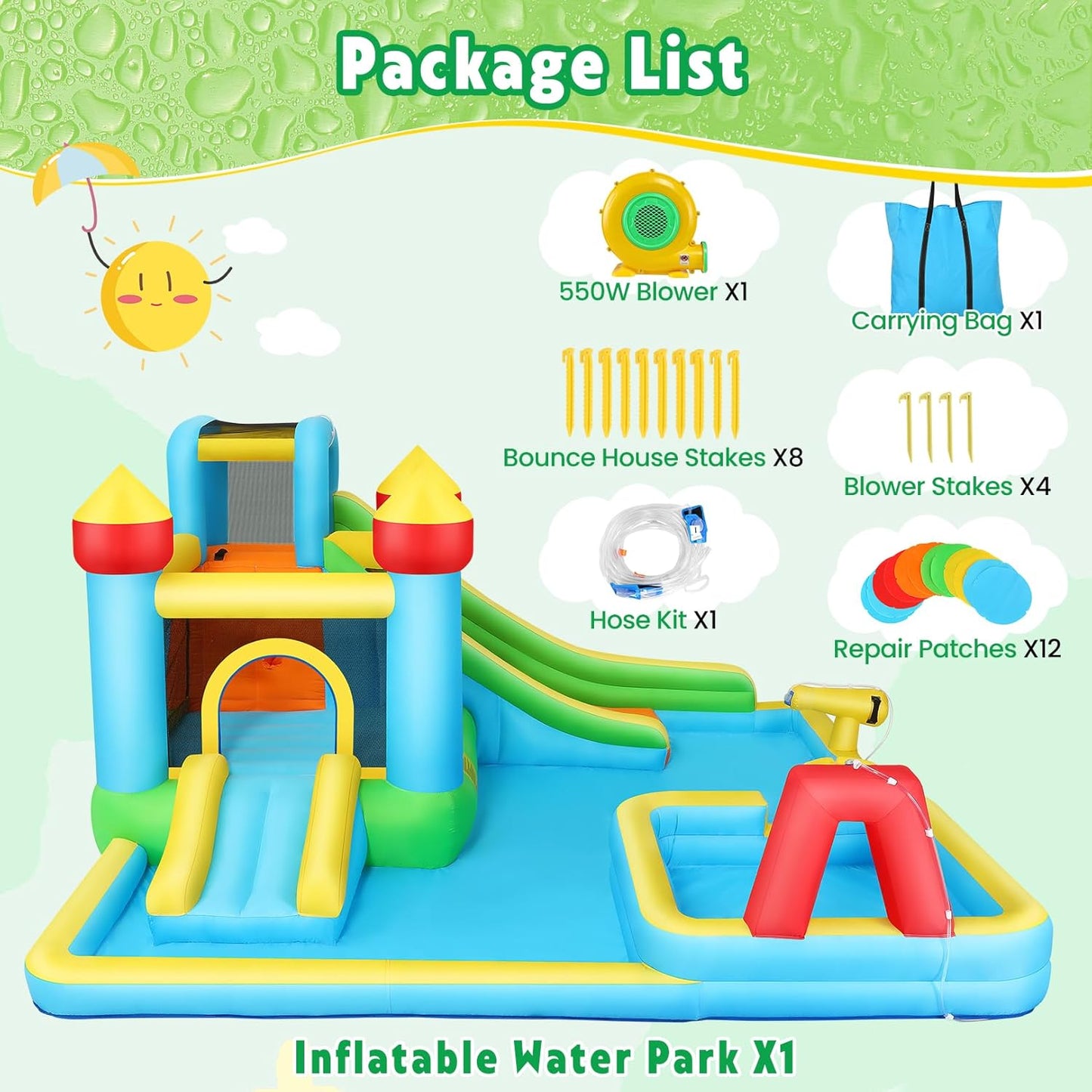 KRISRATE Inflatable Bounce House Water Slide with 550W Blower for Kids 3-12 with Dual Slides, Climbing Wall, Basketball Hoop, Deep Pool & Bounce Zone