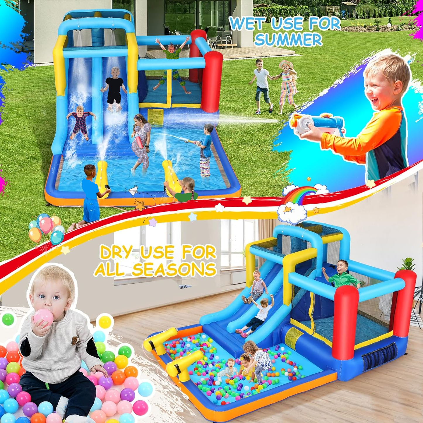 KRISRATE Inflatable Water Slide Bounce House for Kids Backyard-12x10FT Blow Up Water Park with Dual Racing Slides, Splash Pool, Climbing Wall & Blower