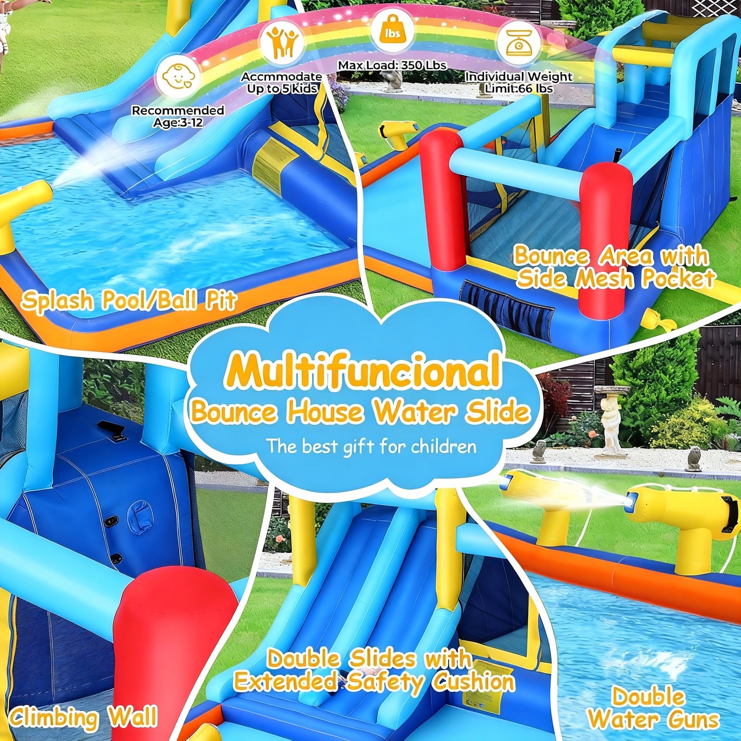 KRISRATE Inflatable Water Slide Bounce House for Kids Backyard-12x10FT Blow Up Water Park with Dual Racing Slides, Splash Pool, Climbing Wall & Blower