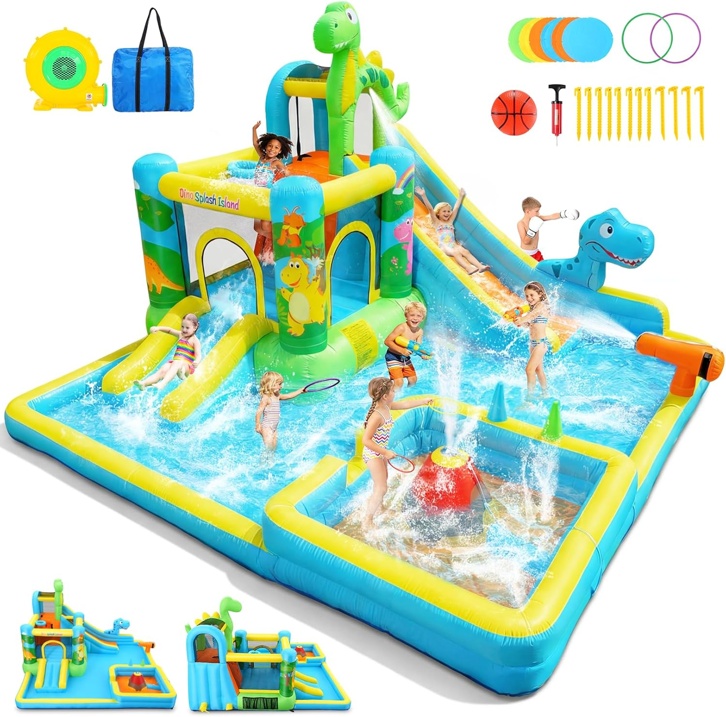 KRISRATE 13-in-1 Inflatable Water Slide Bounce House -Dinosaur Themed Water Park with Splash Pools, Long Slide & 550W Blower for Kids Outdoor Backyard