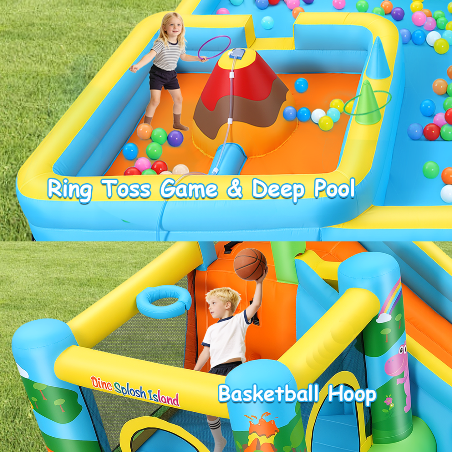 KRISRATE 13-in-1 Inflatable Water Slide Bounce House -Dinosaur Themed Water Park with Splash Pools, Long Slide & 550W Blower for Kids Outdoor Backyard