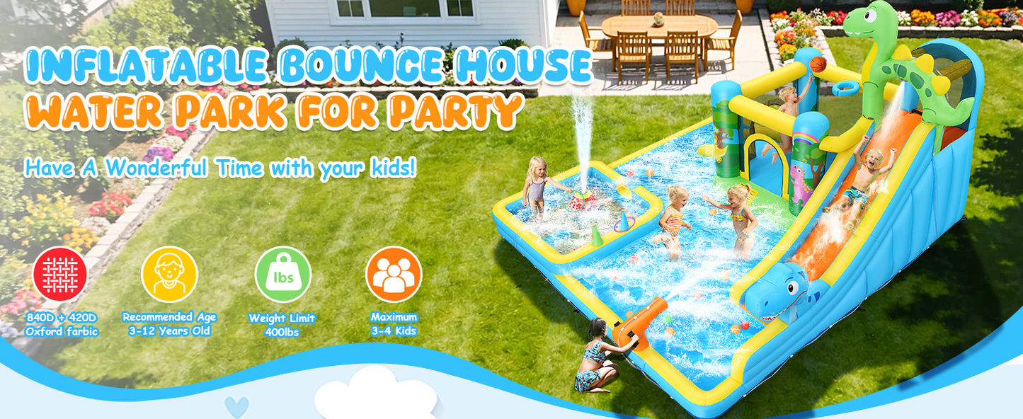 KRISRATE 13-in-1 Inflatable Water Slide Bounce House -Dinosaur Themed Water Park with Splash Pools, Long Slide & 550W Blower for Kids Outdoor Backyard