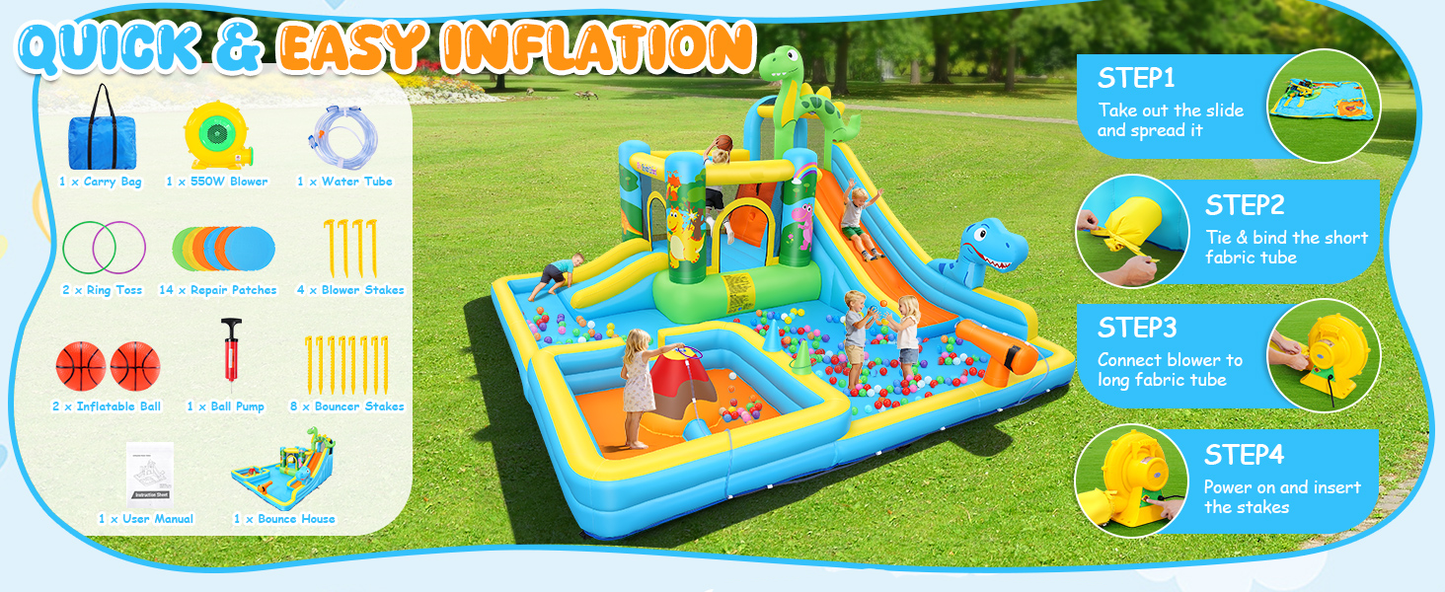 KRISRATE 13-in-1 Inflatable Water Slide Bounce House -Dinosaur Themed Water Park with Splash Pools, Long Slide & 550W Blower for Kids Outdoor Backyard