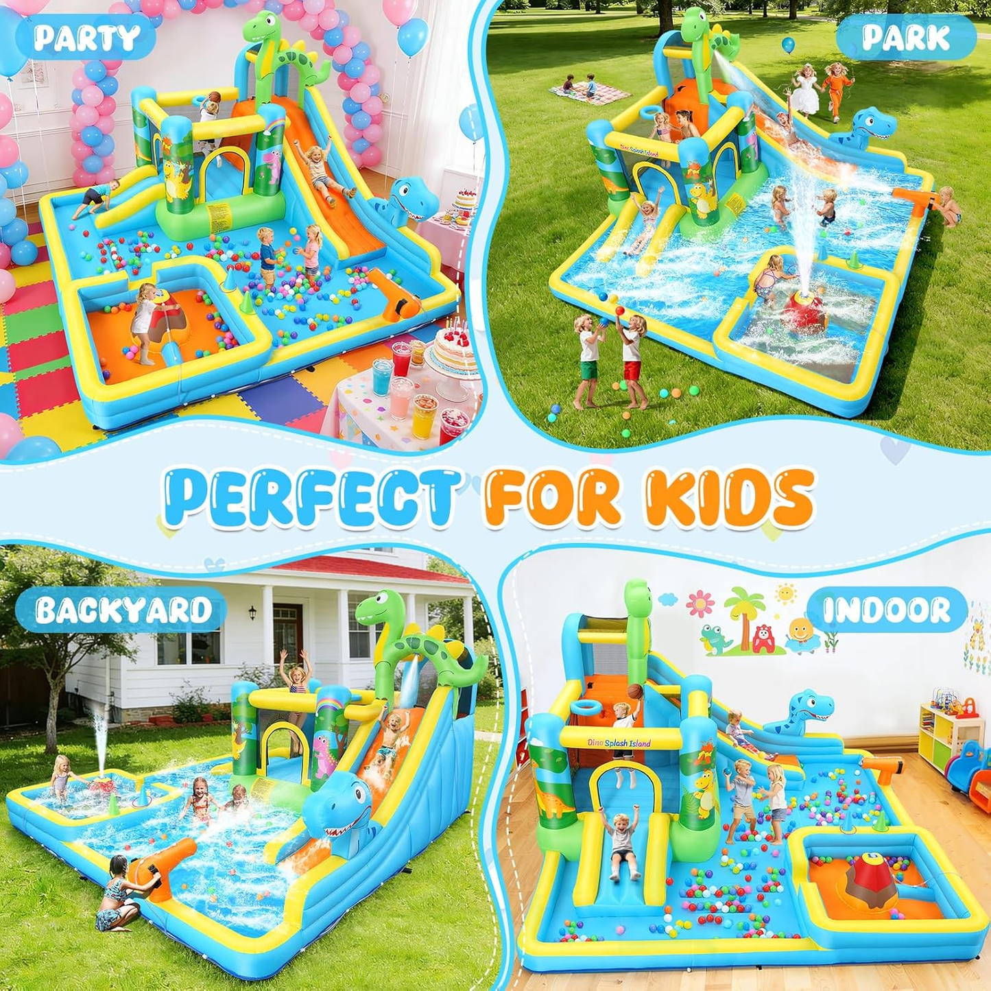 KRISRATE 13-in-1 Inflatable Water Slide Bounce House -Dinosaur Themed Water Park with Splash Pools, Long Slide & 550W Blower for Kids Outdoor Backyard