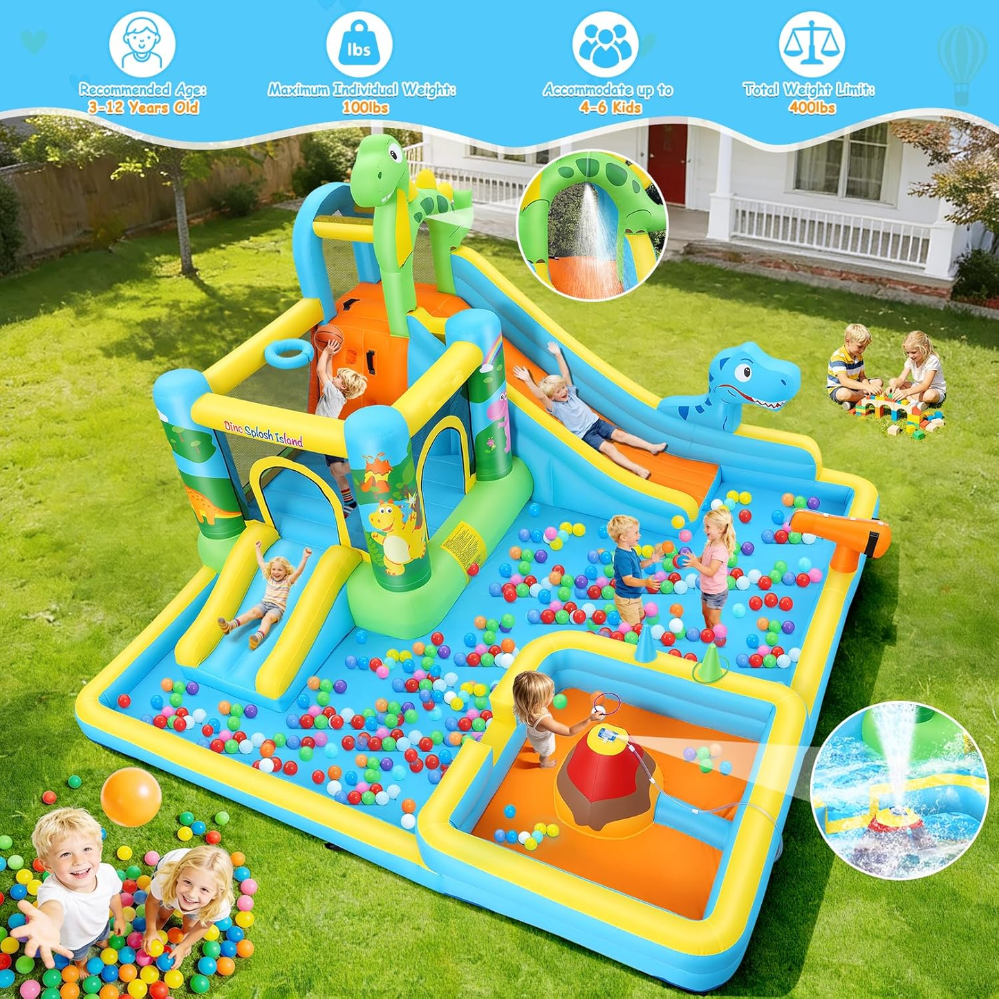 KRISRATE 13-in-1 Inflatable Water Slide Bounce House -Dinosaur Themed Water Park with Splash Pools, Long Slide & 550W Blower for Kids Outdoor Backyard