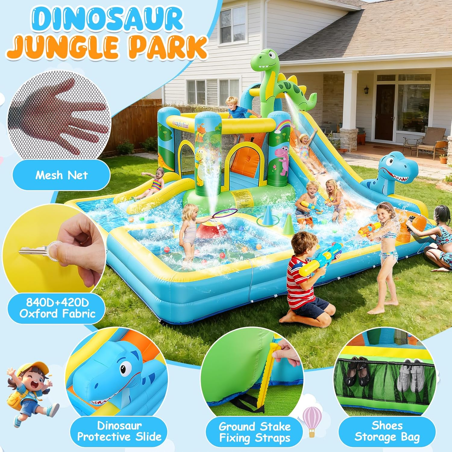KRISRATE 13-in-1 Inflatable Water Slide Bounce House -Dinosaur Themed Water Park with Splash Pools, Long Slide & 550W Blower for Kids Outdoor Backyard
