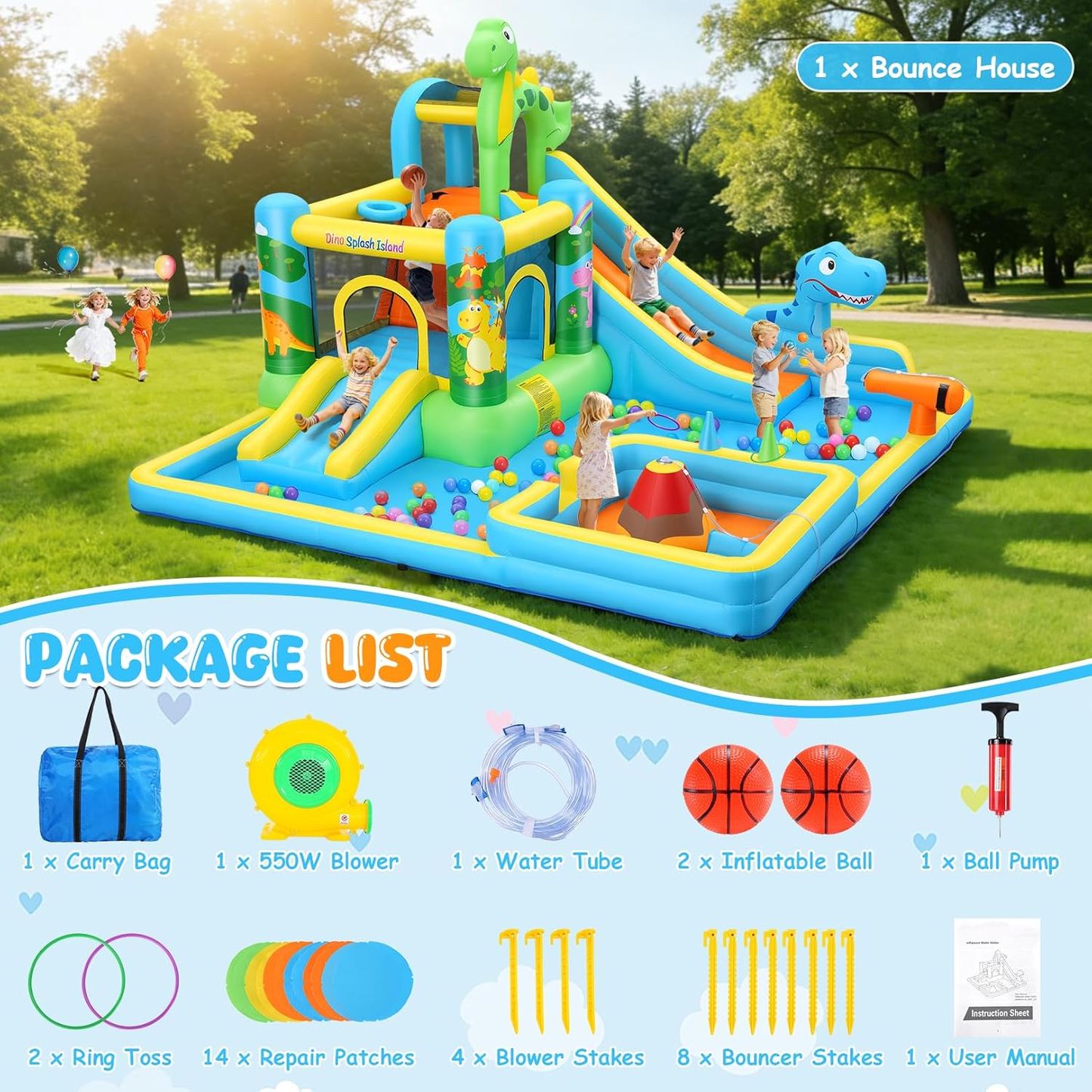 KRISRATE 13-in-1 Inflatable Water Slide Bounce House -Dinosaur Themed Water Park with Splash Pools, Long Slide & 550W Blower for Kids Outdoor Backyard
