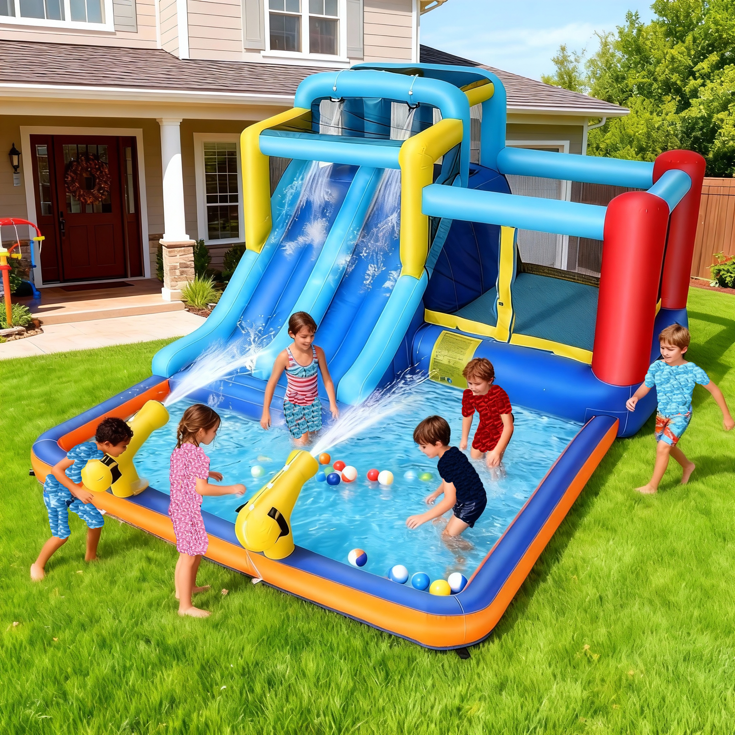KRISRATE Inflatable Water Slide Bounce House for Kids Backyard-12x10FT Blow Up Water Park with Dual Racing Slides, Splash Pool, Climbing Wall & Blower