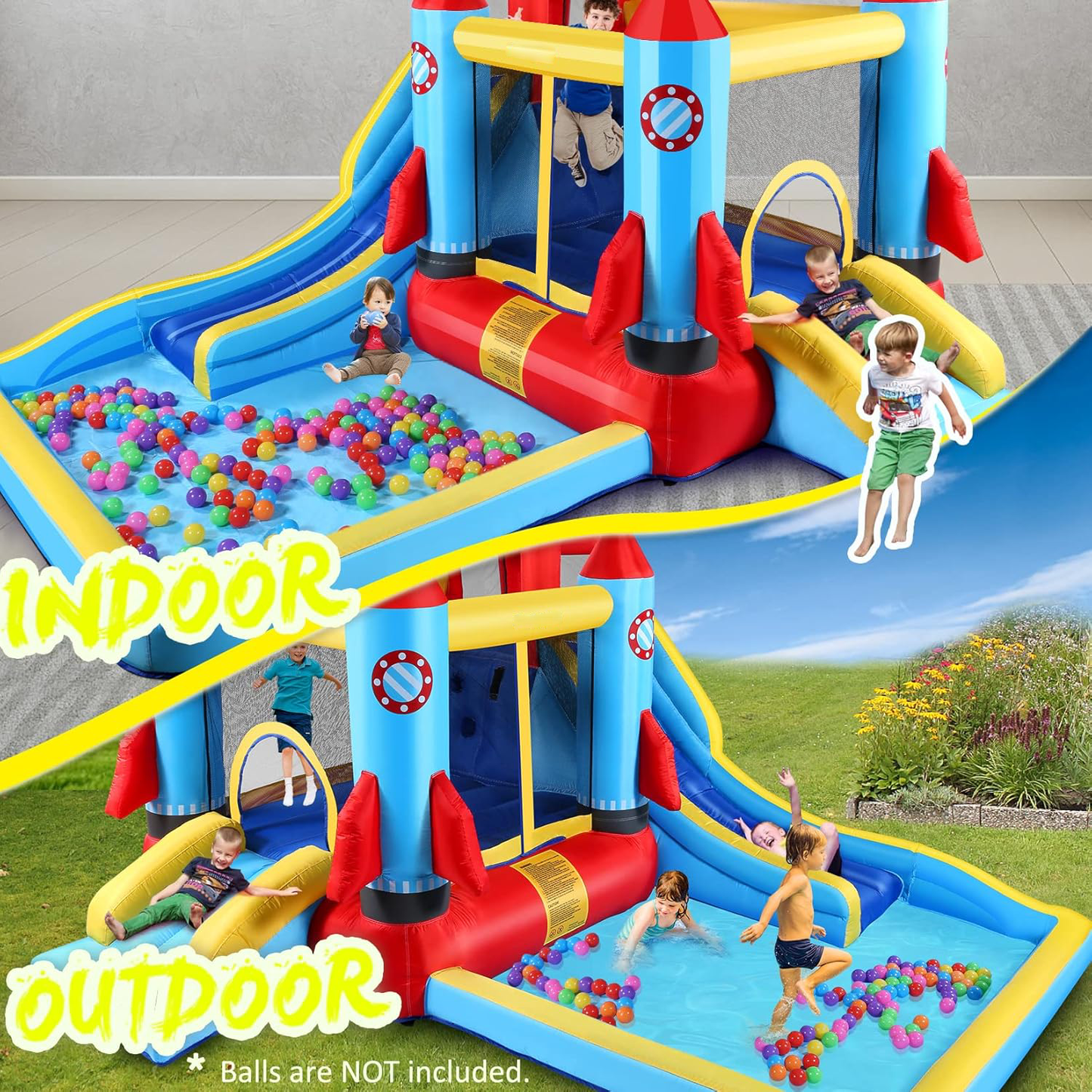 KRISRATE Inflatable Bounce House with Blower for Kids 3-12, Bouncy Castle Water Park with Double Slides, Splash Pool & Jumping Area, Indoor/Outdoor