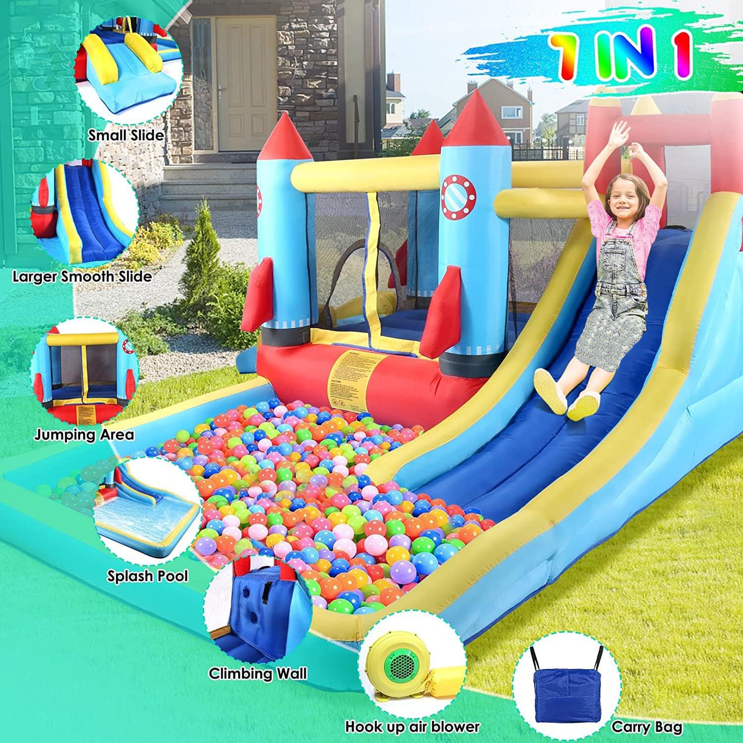 KRISRATE Inflatable Bounce House with Blower for Kids 3-12, Bouncy Castle Water Park with Double Slides, Splash Pool & Jumping Area, Indoor/Outdoor