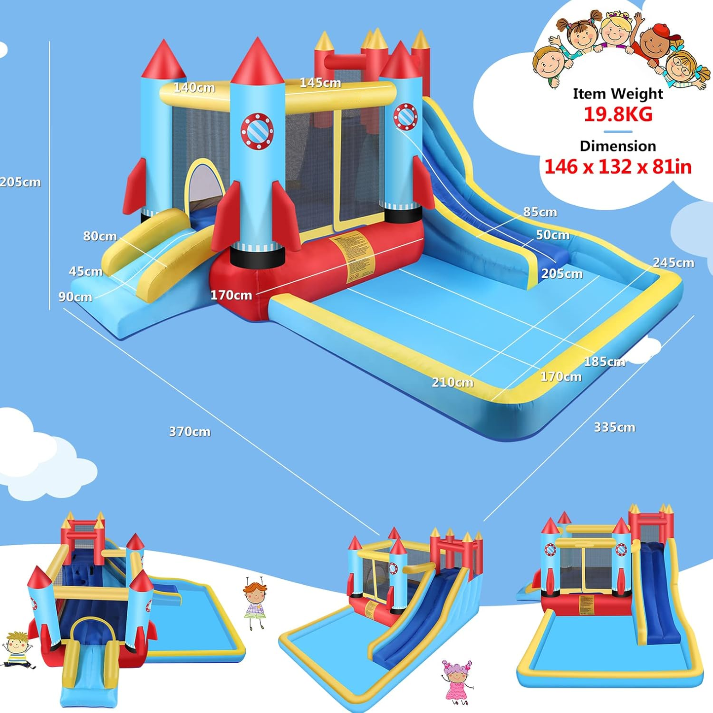 KRISRATE Inflatable Bounce House with Blower for Kids 3-12, Bouncy Castle Water Park with Double Slides, Splash Pool & Jumping Area, Indoor/Outdoor