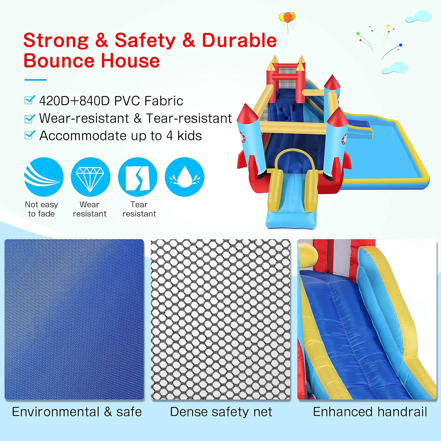 KRISRATE Inflatable Bounce House with Blower for Kids 3-12, Bouncy Castle Water Park with Double Slides, Splash Pool & Jumping Area, Indoor/Outdoor