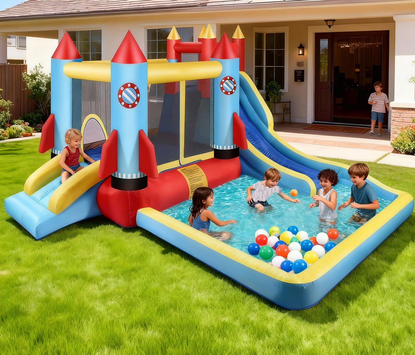 KRISRATE Inflatable Bounce House with Blower for Kids 3-12, Bouncy Castle Water Park with Double Slides, Splash Pool & Jumping Area, Indoor/Outdoor