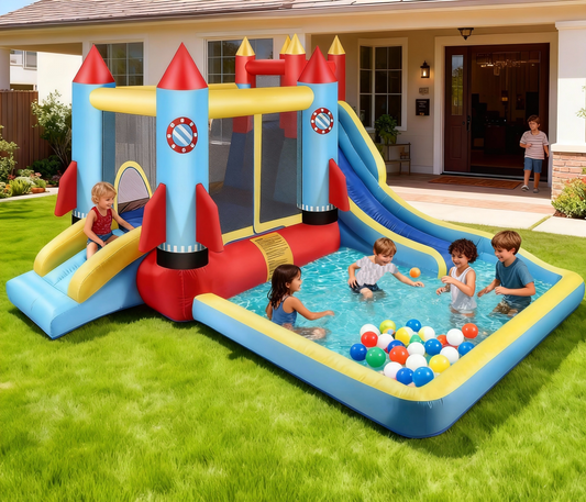 KRISRATE Inflatable Bounce House with Blower for Kids 3-12, Bouncy Castle Water Park with Double Slides, Splash Pool & Jumping Area, Indoor/Outdoor