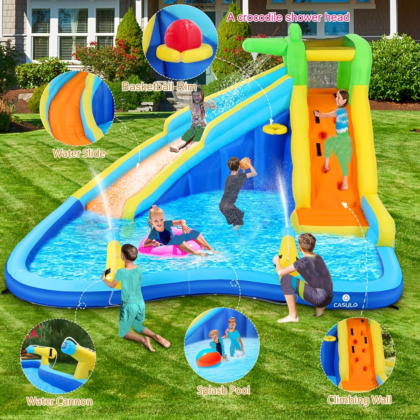 KRISRATE Inflatable Water Slide 13x11Ft, Water Park with 450W Blower-Bounce House w/Climbing Wall, Splash Pool, Basketball Hoop, Water Sprayers&Slides