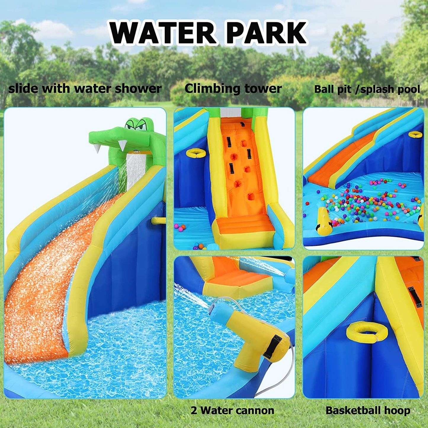 KRISRATE Inflatable Water Slide 13x11Ft, Water Park with 450W Blower-Bounce House w/Climbing Wall, Splash Pool, Basketball Hoop, Water Sprayers&Slides