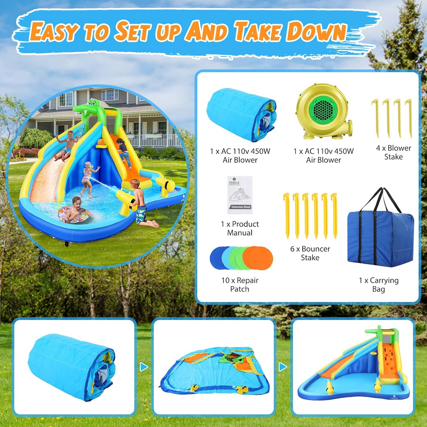 KRISRATE Inflatable Water Slide 13x11Ft, Water Park with 450W Blower-Bounce House w/Climbing Wall, Splash Pool, Basketball Hoop, Water Sprayers&Slides