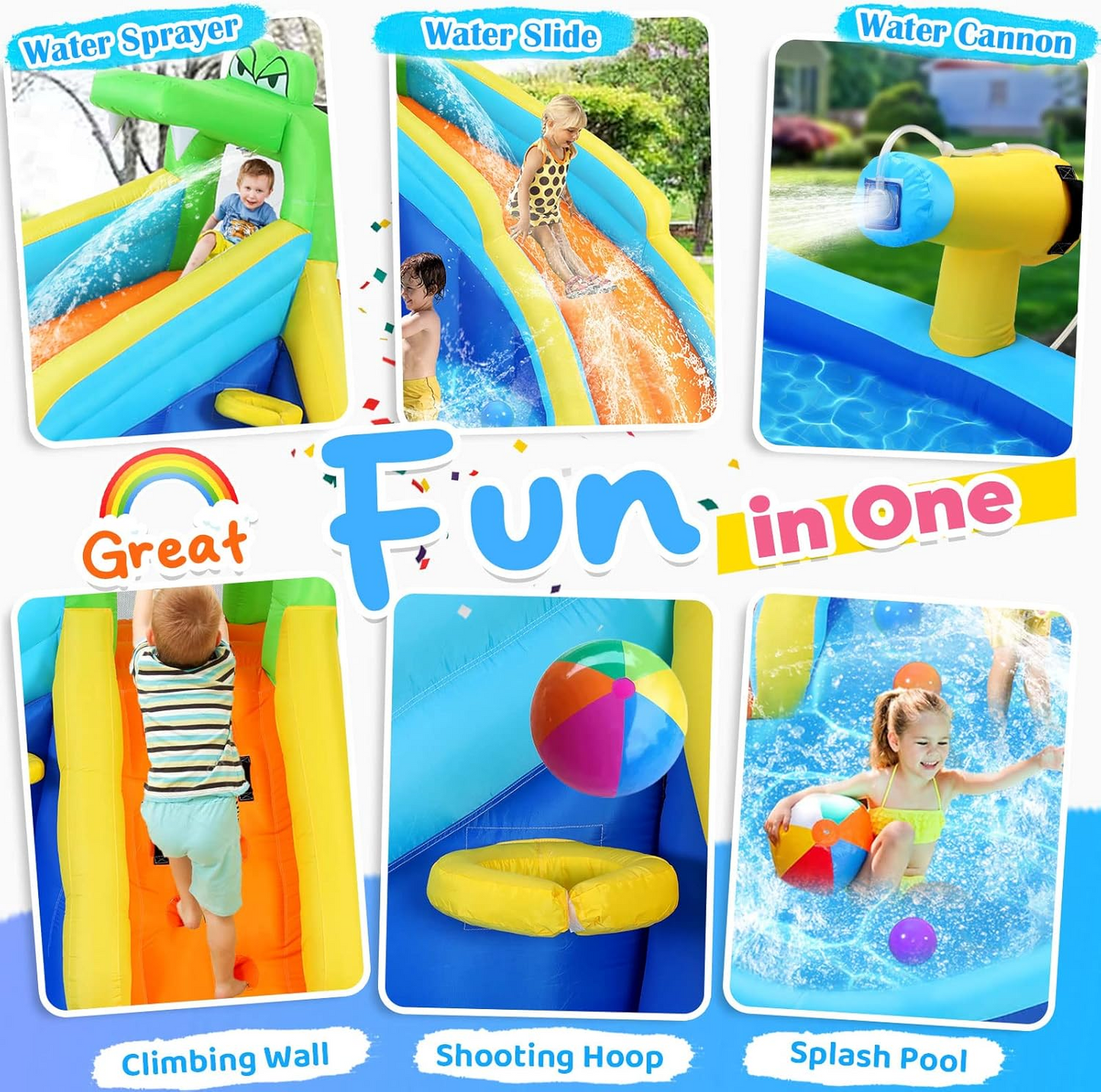 KRISRATE Inflatable Water Slide 13x11Ft, Water Park with 450W Blower-Bounce House w/Climbing Wall, Splash Pool, Basketball Hoop, Water Sprayers&Slides