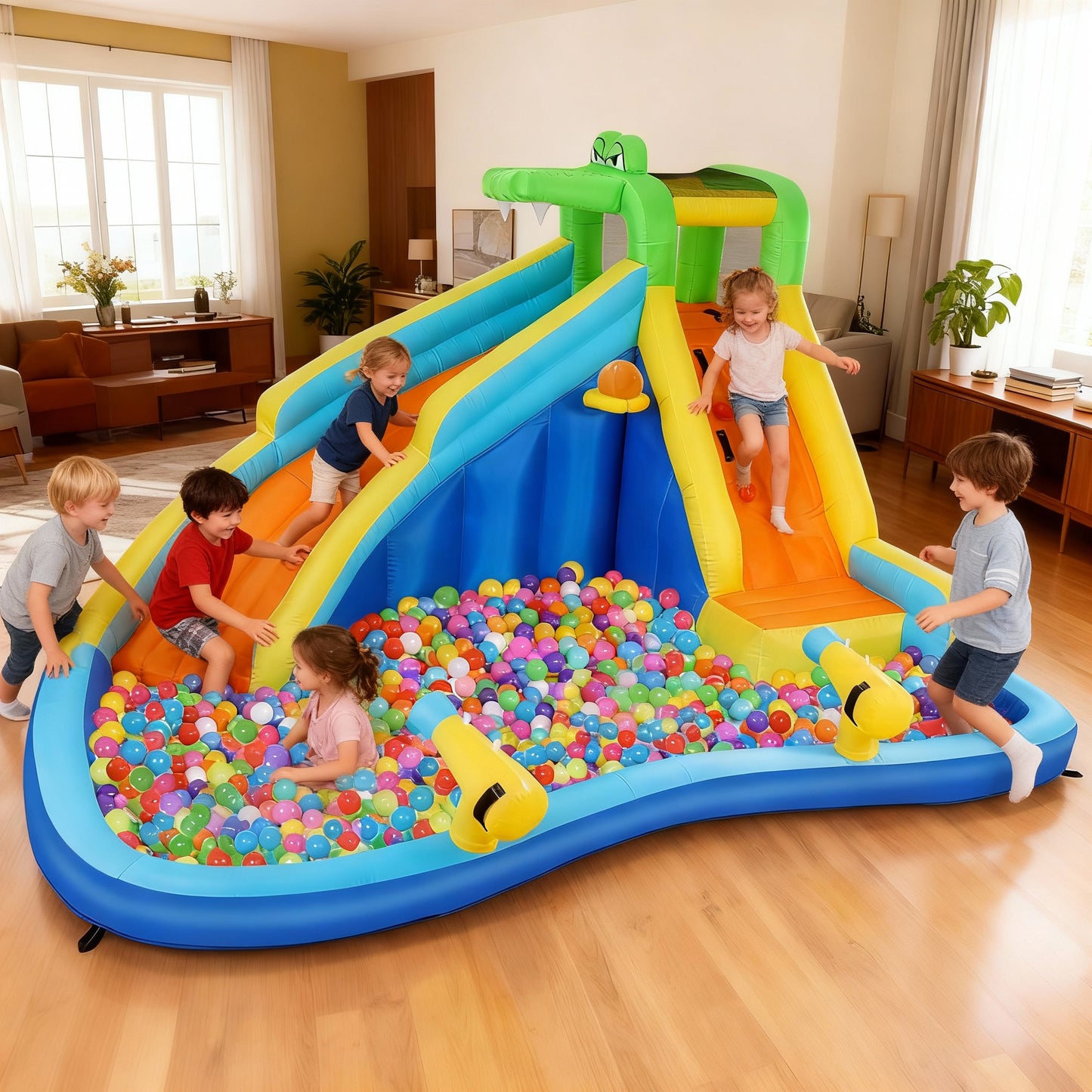 KRISRATE Inflatable Water Slide 13x11Ft, Water Park with 450W Blower-Bounce House w/Climbing Wall, Splash Pool, Basketball Hoop, Water Sprayers&Slides