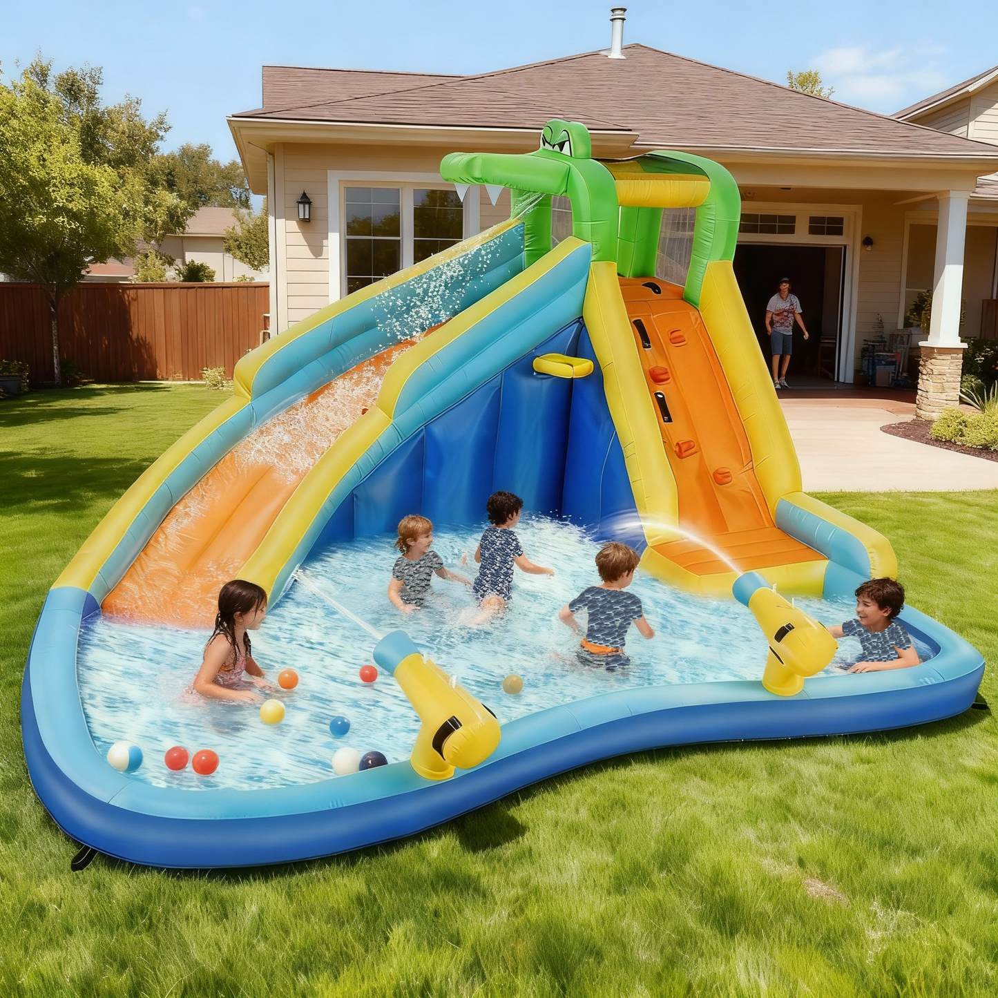 KRISRATE Inflatable Water Slide 13x11Ft, Water Park with 450W Blower-Bounce House w/Climbing Wall, Splash Pool, Basketball Hoop, Water Sprayers&Slides