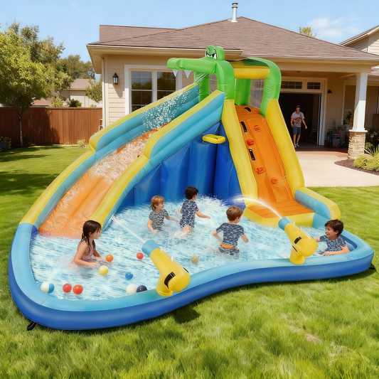 KRISRATE Inflatable Water Slide 13x11Ft, Water Park with 450W Blower-Bounce House w/Climbing Wall, Splash Pool, Basketball Hoop, Water Sprayers&Slides