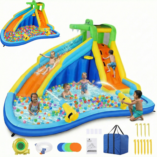 KRISRATE Inflatable Water Slide 13x11Ft, Water Park with 450W Blower-Bounce House w/Climbing Wall, Splash Pool, Basketball Hoop, Water Sprayers&Slides