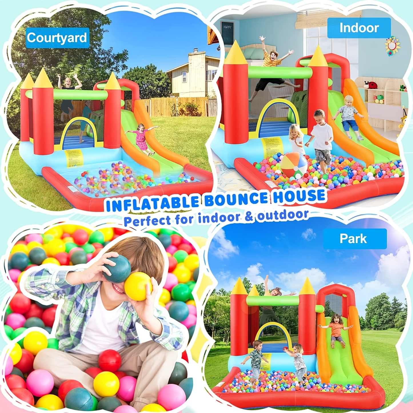 KRISRATE Inflatable Bounce House 12 x 9FT, Water Park Bouncy Castle with Long Slide, Climbing Wall, Basketball Hoop & Splash Pool for Outdoor Backyard