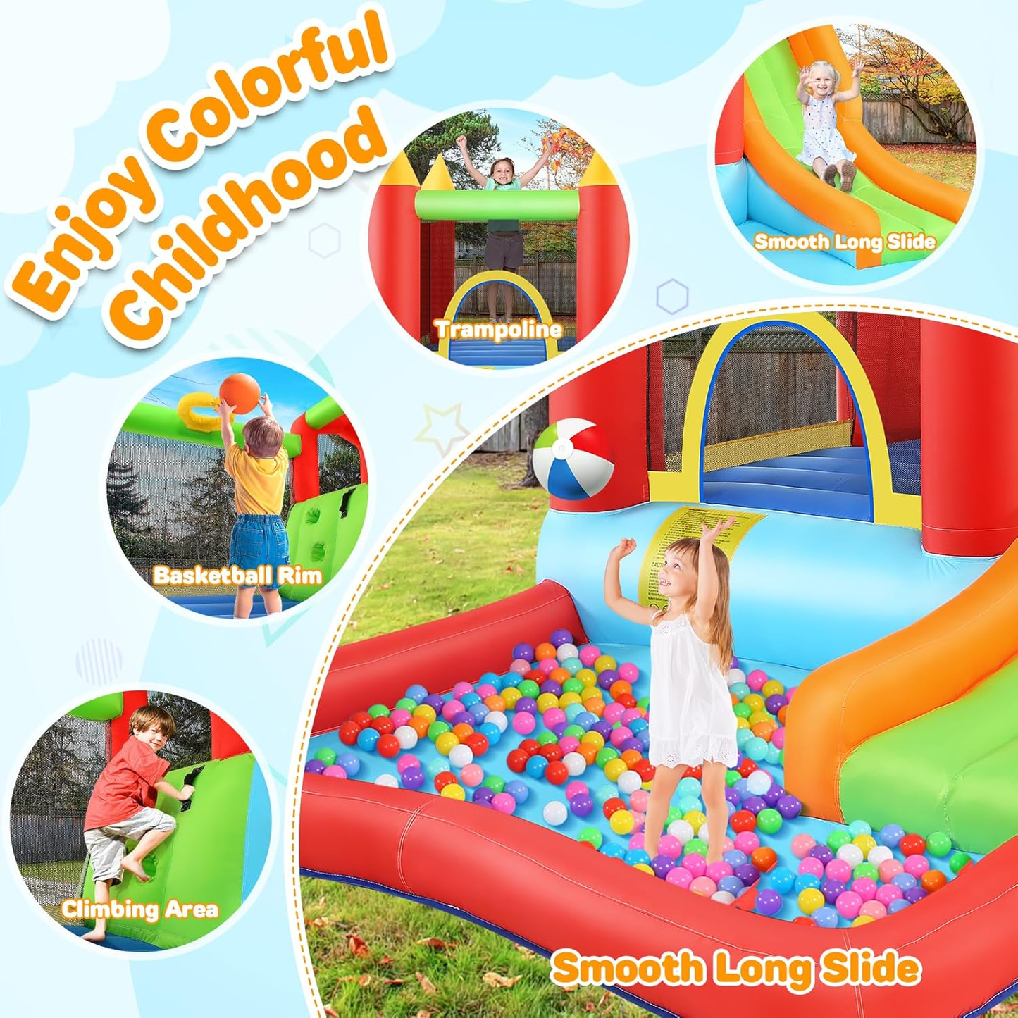 KRISRATE Inflatable Bounce House 12 x 9FT, Water Park Bouncy Castle with Long Slide, Climbing Wall, Basketball Hoop & Splash Pool for Outdoor Backyard