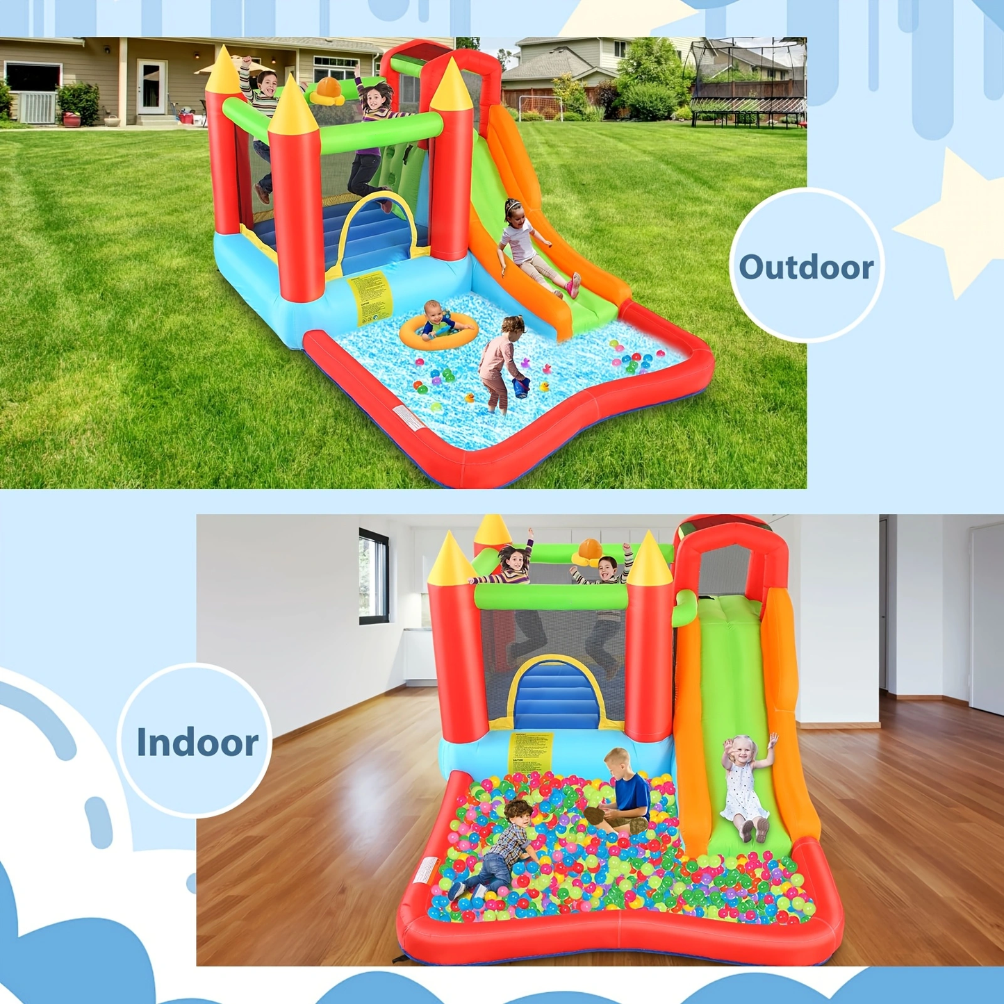 KRISRATE Inflatable Bounce House 12 x 9FT, Water Park Bouncy Castle with Long Slide, Climbing Wall, Basketball Hoop & Splash Pool for Outdoor Backyard