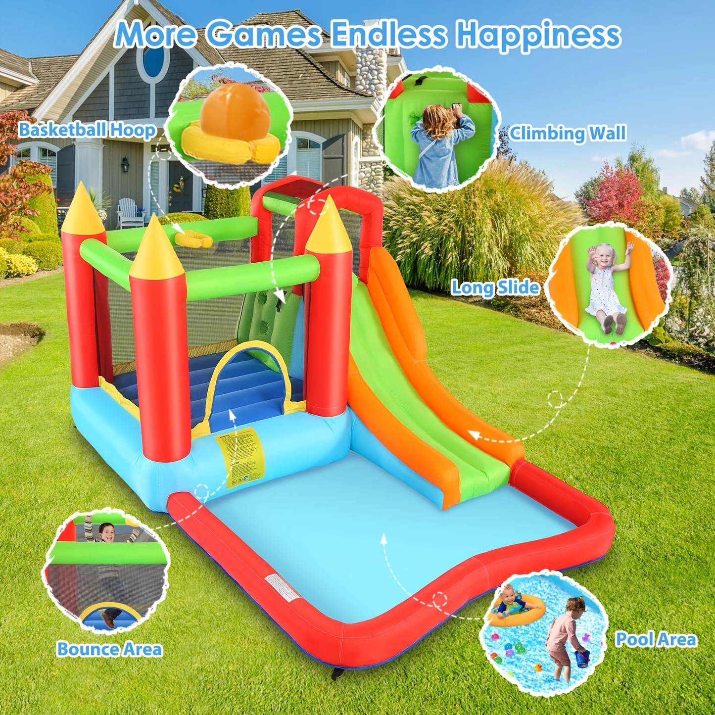 KRISRATE Inflatable Bounce House 12 x 9FT, Water Park Bouncy Castle with Long Slide, Climbing Wall, Basketball Hoop & Splash Pool for Outdoor Backyard