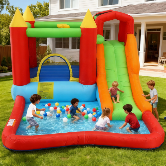 KRISRATE Inflatable Bounce House 12 x 9FT, Water Park Bouncy Castle with Long Slide, Climbing Wall, Basketball Hoop & Splash Pool for Outdoor Backyard