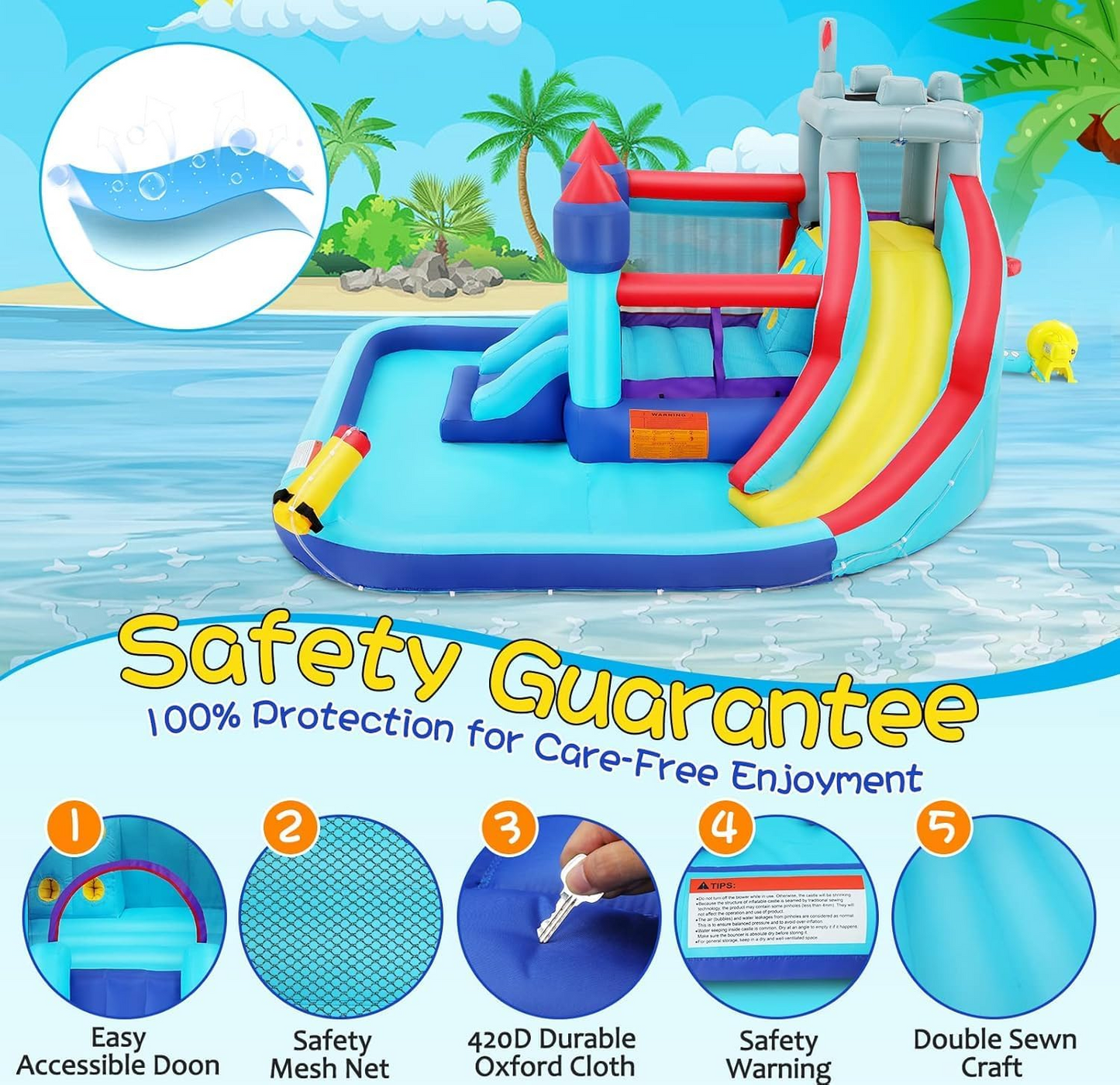 KRISRATE Inflatable Water Slides Park for Kids 3-12, Bounce House with Double Slides, Climbing Wall, Splash Pool & 580W Blower for Backyard Summer Fun