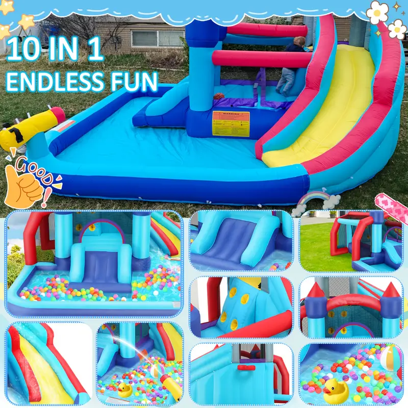 KRISRATE Inflatable Water Slides Park for Kids 3-12, Bounce House with Double Slides, Climbing Wall, Splash Pool & 580W Blower for Backyard Summer Fun