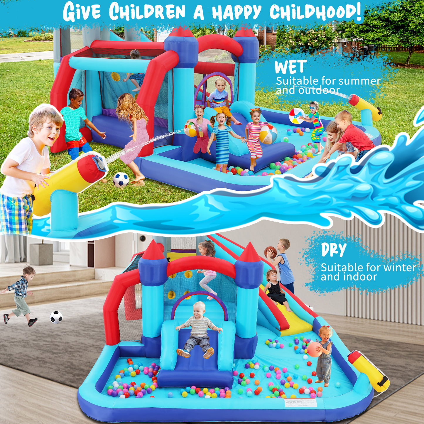 KRISRATE Inflatable Water Slides Park for Kids 3-12, Bounce House with Double Slides, Climbing Wall, Splash Pool & 580W Blower for Backyard Summer Fun