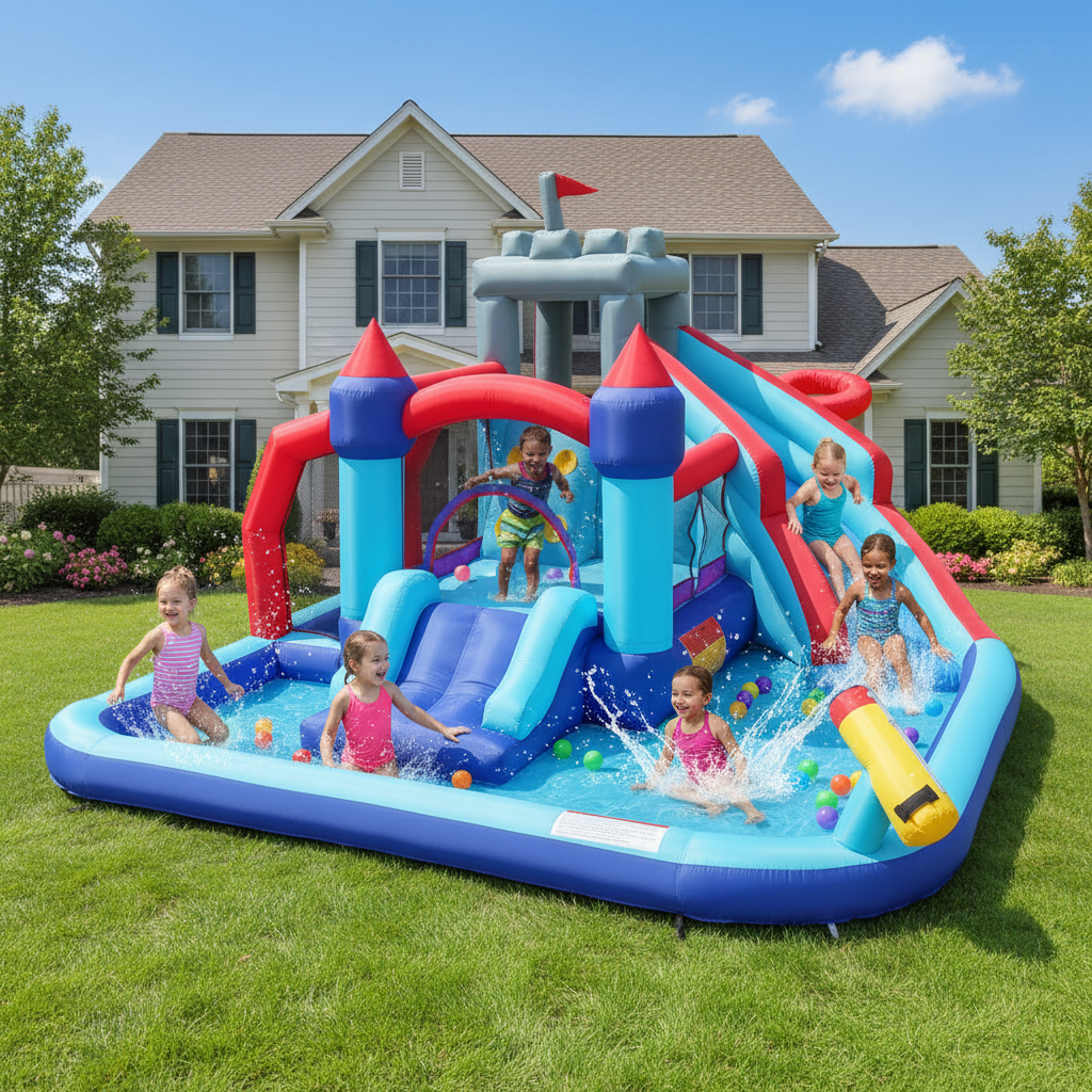 KRISRATE Inflatable Water Slides for Kids Backyard, Bounce House with Double Slides, Climbing Wall, Splash Pool & 580W Blower for Backyard Summer Fun
