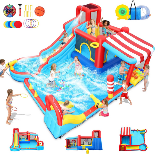 KRISRATE Inflatable Large Bounce House Water Slide Park with Dual Slides & Big Splash Pool, Water Sprayers & 550W Blower for Outdoor Backyard Party