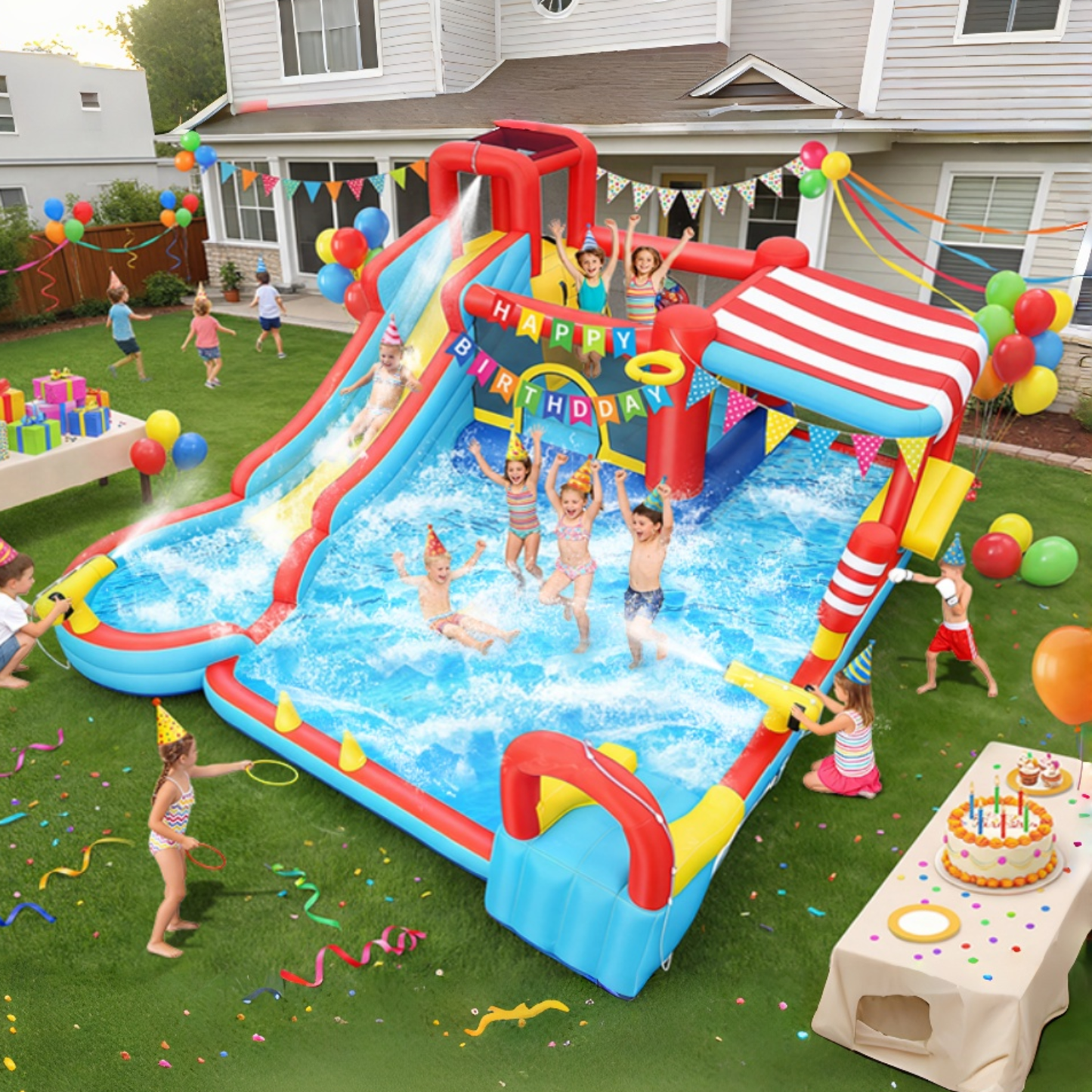 KRISRATE Inflatable Large Bounce House Water Slide Park with Dual Slides & Big Splash Pool, Water Sprayers & 550W Blower for Outdoor Backyard Party