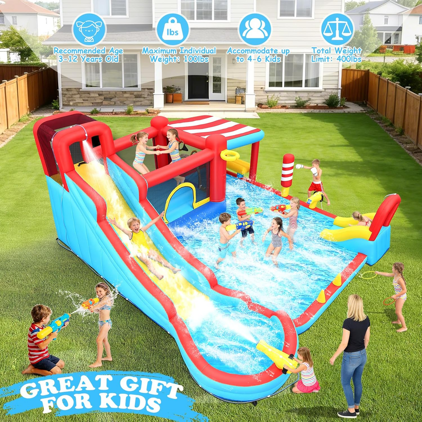 KRISRATE Inflatable Large Bounce House Water Slide Park with Dual Slides & Big Splash Pool, Water Sprayers & 550W Blower for Outdoor Backyard Party