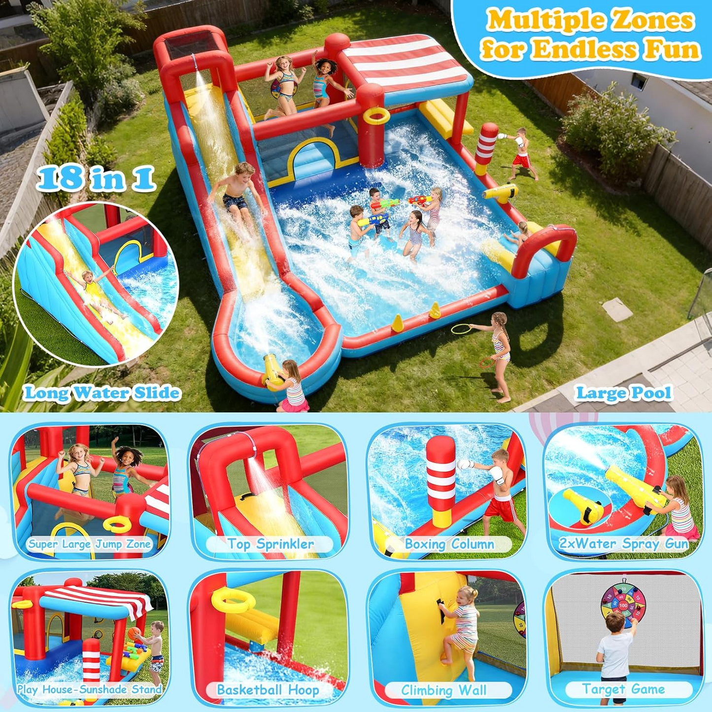 KRISRATE Inflatable Large Bounce House Water Slide Park with Dual Slides & Big Splash Pool, Water Sprayers & 550W Blower for Outdoor Backyard Party